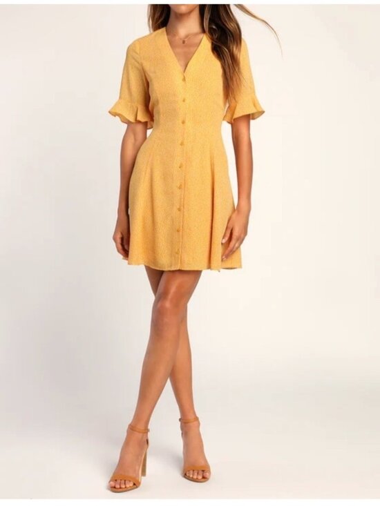 Lulus Dresses & Skirts - Lulus Castana Mustard Yellow Button-Up Dress With Ruffle Sleeves & Tie Back XL